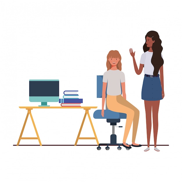 Vector women sitting in the work office with white