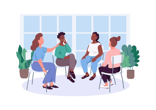 Women social support group flat color faceless characters. Female issues therapy meeting. Mental health care isolated cartoon illustration 