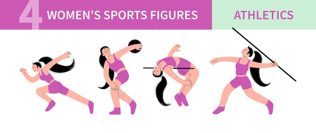 Women Sportsmen Characters Workout set Running high jumping discus and javelin throwing