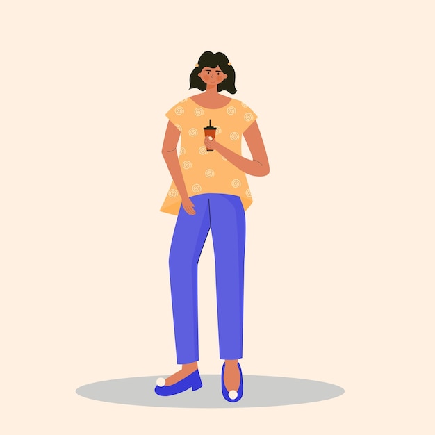 Vector women standing and drink a coffee flat character vector illustration.