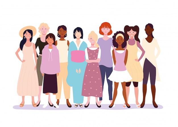 Vector women standing with different poses on white