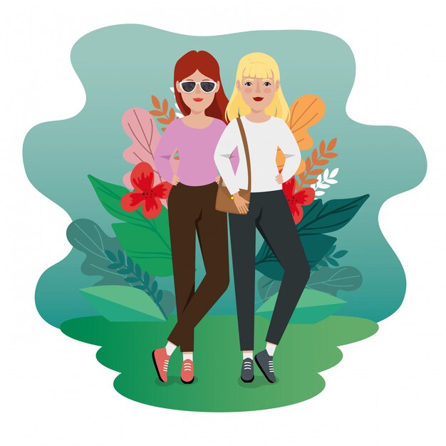 Women standing with handbag and leafs tropicals