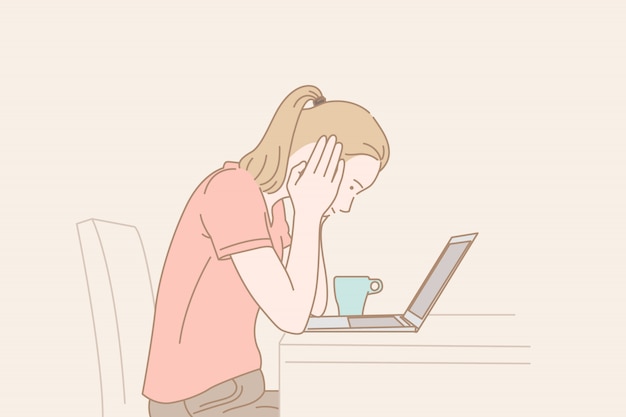 ノートパソコンでの作業中に強調した女性。