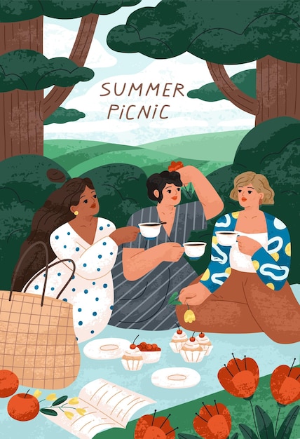 Donne in picnic estivo. amici di ragazze che si rilassano sulla coperta in natura con tè e dolci all'aperto nei giorni festivi, fine settimana. card design con amiche nel parco. illustrazione vettoriale piatta colorata.