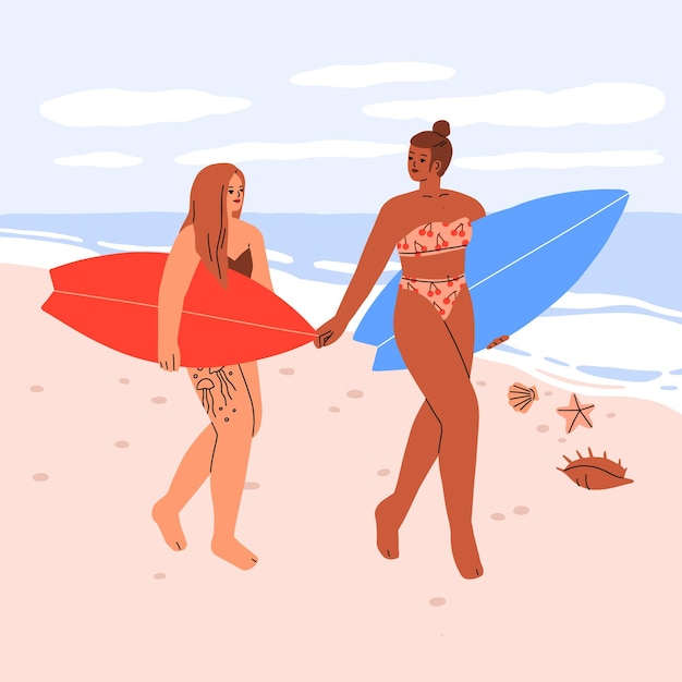 Женщины-серферы гуляют по пляжу с досками для серфинга. Девушки в бикини собираются заняться серфингом на летних каникулах. Активные подруги на морском курорте на морском спортивном отдыхе. Плоская векторная иллюстрация