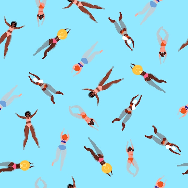 Women swimming in blue water seamless pattern vector illustration