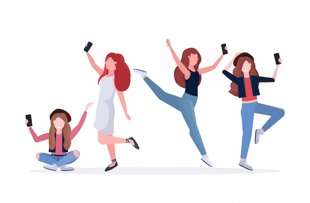 Women taking selfie photo on smartphone camera casual female cartoon characters photographing in different poses white background  full length horizontal