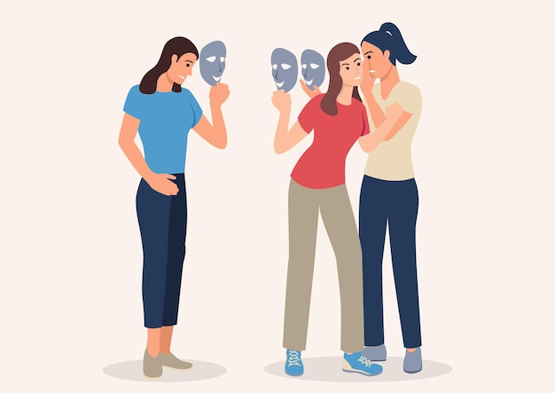 Vector women talking and whispering behind their friends back holding smiling mask