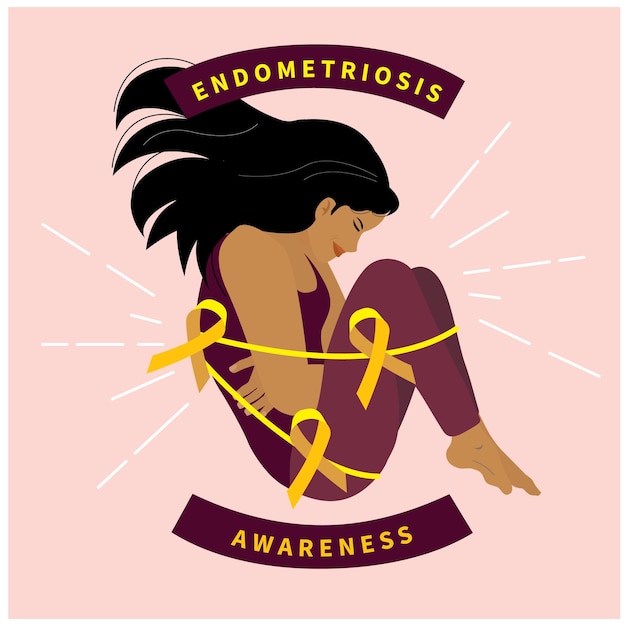 Vector women tied with yellow endometriosis ribbon in flat illustration