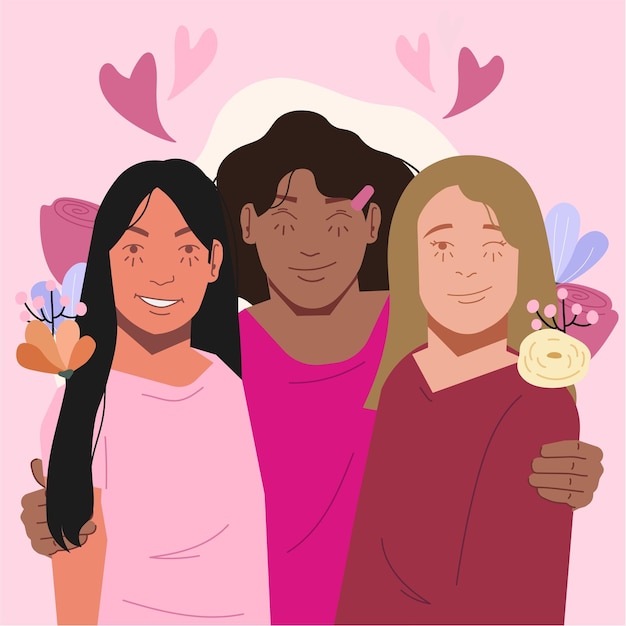 women together celebrate galentines valentines in flat illustration