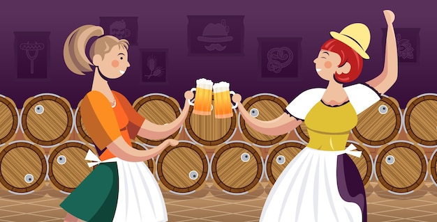 Women in traditional clothes drinking beer celebrating oktoberfest party friends having fun portrait horizontal vector illustration