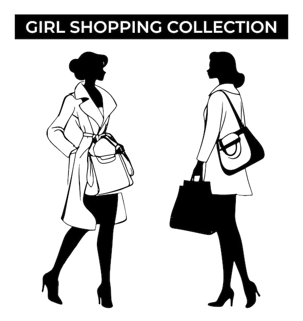 Vector women in trench coat and dress with handbag