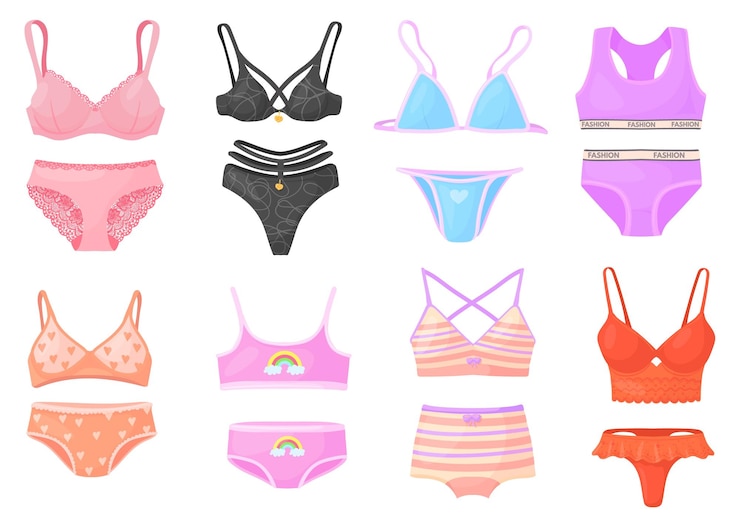 Vector women undergarment woman underwear girls bra and panties silk string lingerie fashion thongs lace undies female lingerie beautiful bikini lady brassiere neat vector illustration