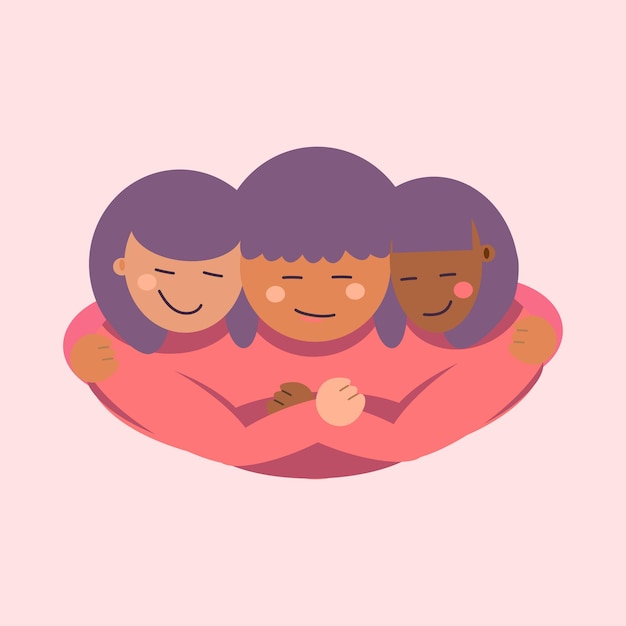 Illustrazione vettoriale delle donne su sfondo rosa uguaglianza di solidarietà femminile diritti delle donne delle ragazze sorriso