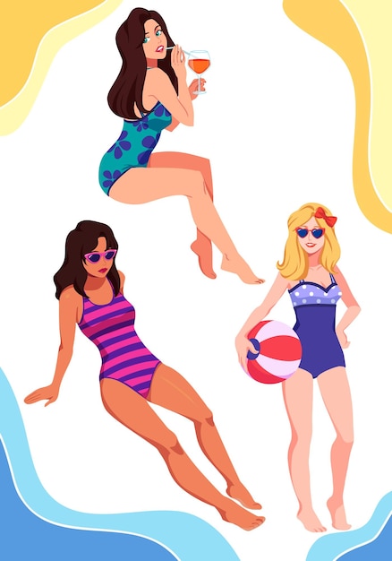 Vector women in vintage swimsuit at the beach doing various leisure fun activities in the summer