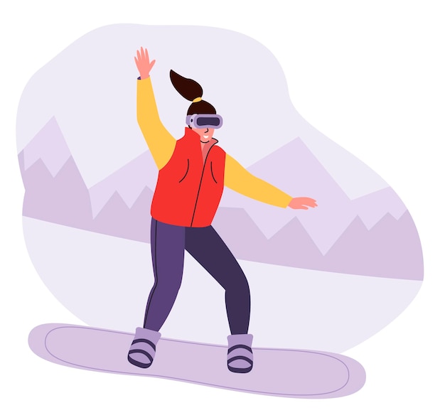 A women in virtual reality glasses is snowboarding in a simulator