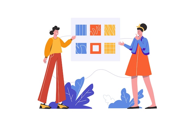 Vector women watching exhibition of paintings in art gallery. visitors look at artworks at museum, people scene isolated. exposition of contemporary art concept. vector illustration in flat minimal design