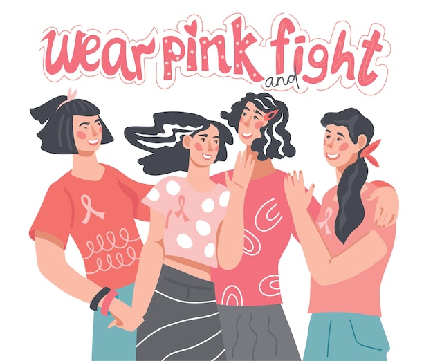 여성들은 유방암 인식의 날 동기 부여 슬로건을 위해 분홍색 리본과 티셔츠 배너를 착용합니다.