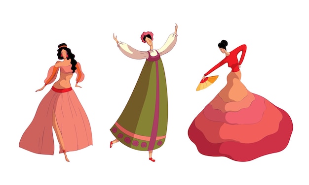 Vector women wearing dresses performing different dances vector set