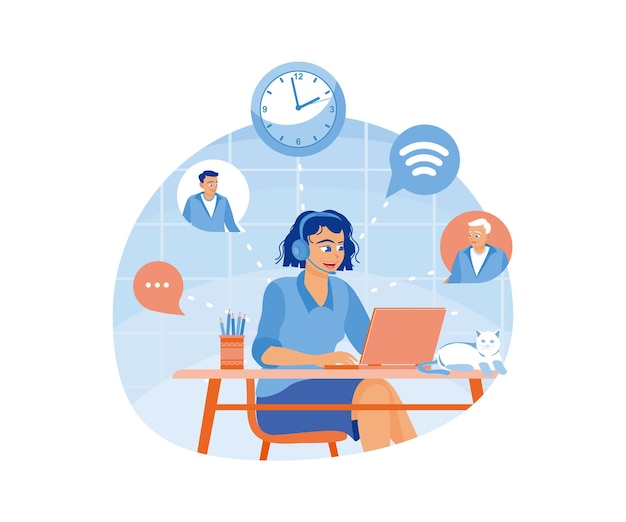 Women wearing headsets working from home Communicating with colleagues on the laptop Home Office concept Flat vector illustration