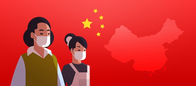 전염병 바이러스 개념을 방지하기 위해 보호 마스크를 착용하는 여성 우한 코로나 바이러스 유행성 의료 건강 위험 중국 국기 초상화 가로