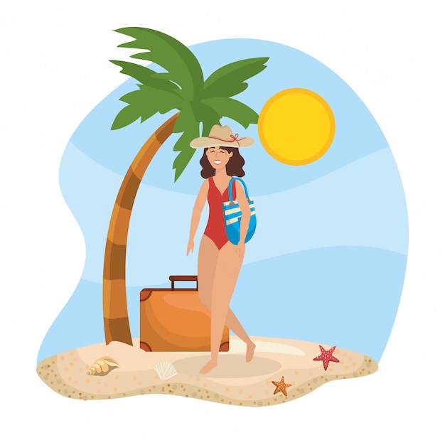women wearing swimsuit with hat and purse with starfishes