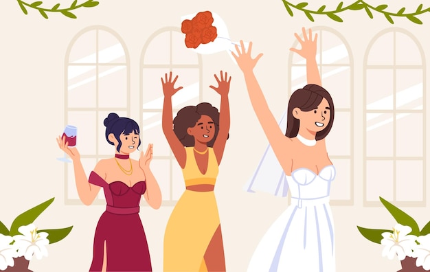 Vettore donne al concetto di festa di nozze giovani ragazze in abiti colorati sposa con damigelle il personaggio getta indietro il bouquet romanticismo e amore moglie in abito bianco illustrazione vettoriale piatta del fumetto