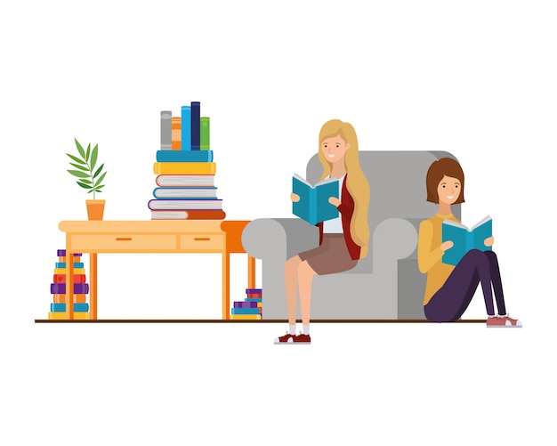 Vector women with book in hands in living room