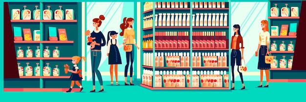 Vector women with children shopping at supermarket with products in cart people in store buying groceries