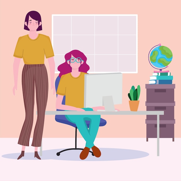 책상 작업 공간에서 컴퓨터와 여성, 사람들이 작업 그림