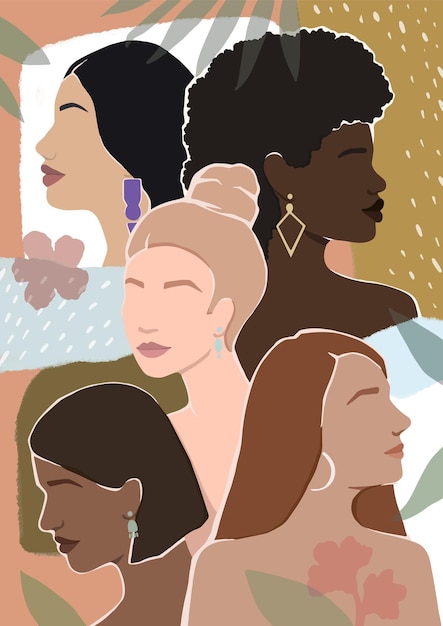 Vector women with different skin color together modern bright illustration for postcards posters