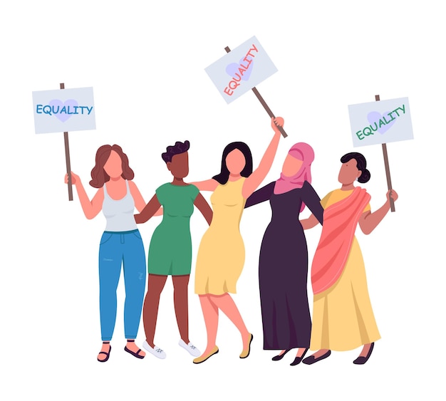 Vector women with equality message placards semi flat color vector characters