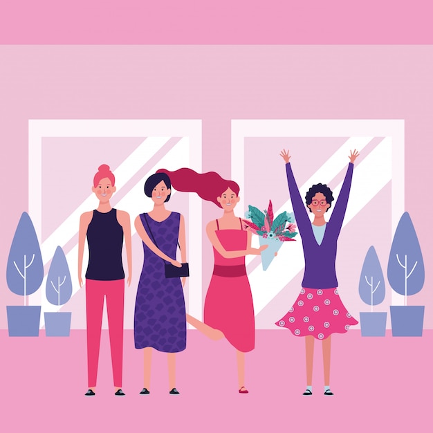 Vector women with flower and hands up