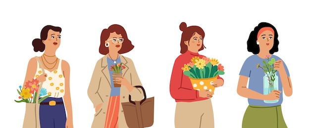 Women with flowers bouquet flower gardener characters summer floral people girl holding home plant in pot seasonal lifestyle woman with presents vector portraits