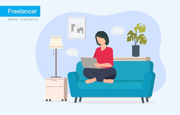 Vector women with laptop on the sofa