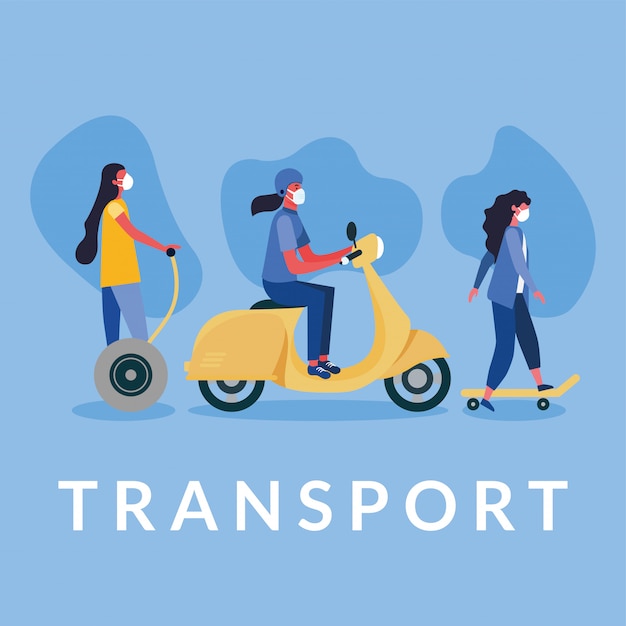 Women with masks on hoverboard motorcycle and skateboard  