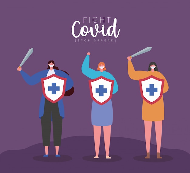 Women with masks and shields with cross fight covid  design