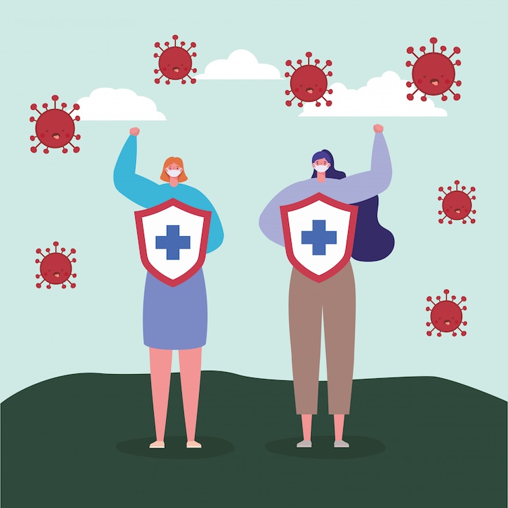 Vector women with masks and shields with cross fight covid  design