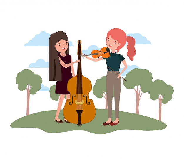 Vector women with musical instruments in landscape