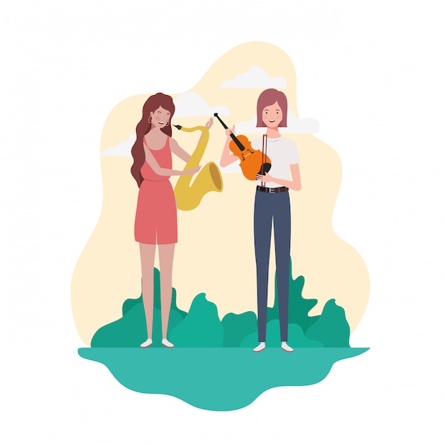 Women with musical instruments and landscape