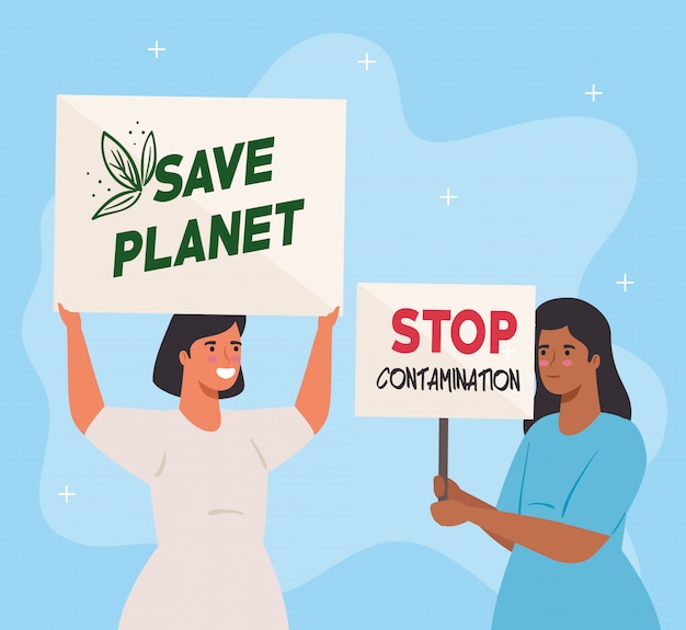 Women with protests placards, save planet and stop contamination, activists with strike manifestation sign, human right concept