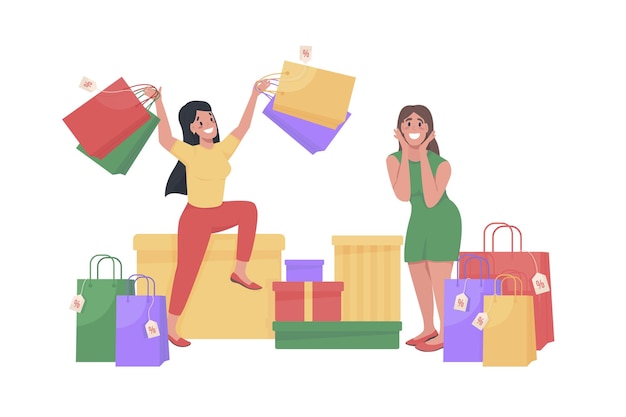 Vector women with shopping bags semi flat color vector character. posing figures. full body people on white. shopaholics isolated modern cartoon style illustration for graphic design and animation