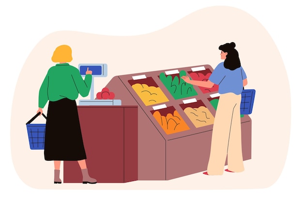 Vector women with a shopping basket in grocery choosing vegetables and fruits customers of the supermarket