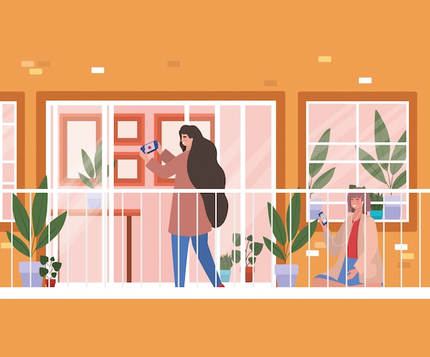 Vector women with smartphone at window balcony of orange building , architecture and quarantine theme  illustration