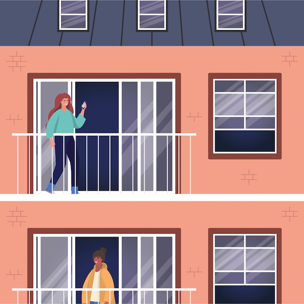 Vector women with smartphone at window of pink building , architecture and quarantine theme  illustration