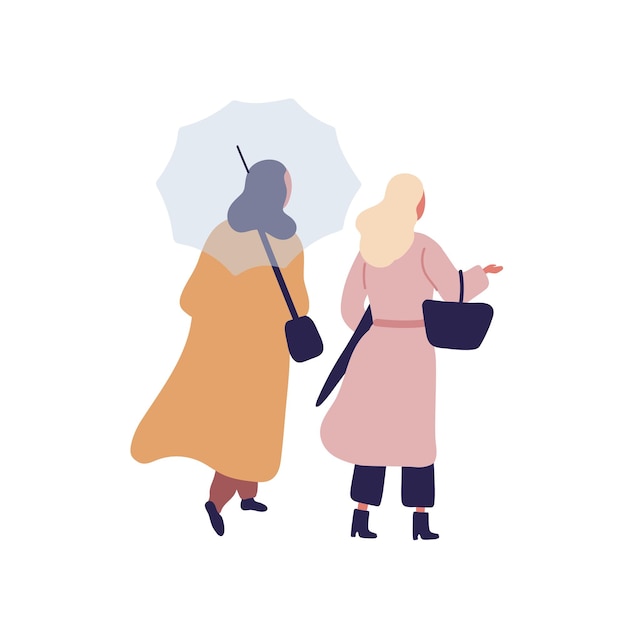 Women with umbrella flat vector illustration. Autumn season, rainy day, overcast weather, walk under rain. Girls wearing raincoats, friends cartoon characters isolated on white background.