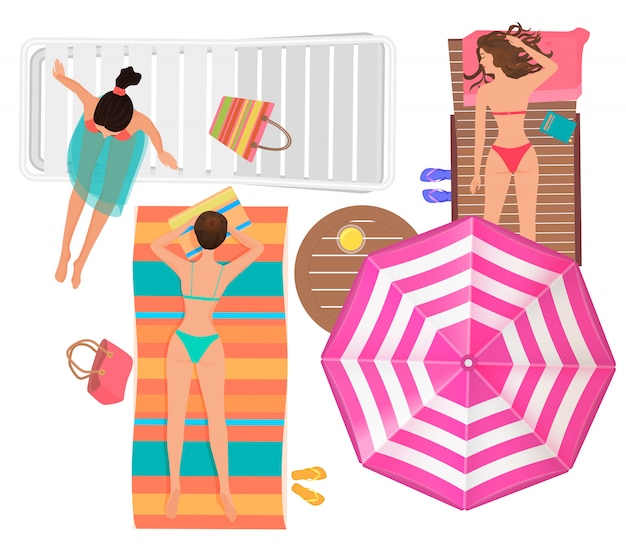 Vector women with umbrella on sea beach