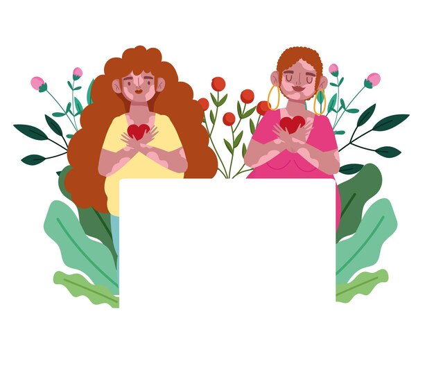 Vettore le donne con vitiligine cuori fiori personaggio dei cartoni animati di amore di sé illustrazione