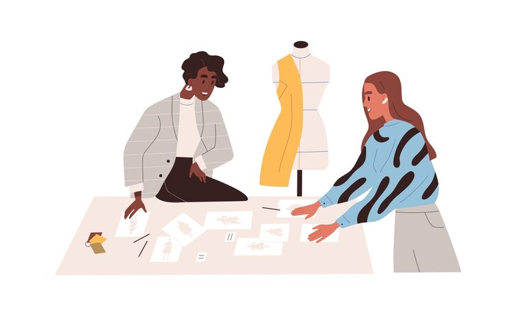 Vector women work at clothes design creation. fashion designers creating garments, looking apparel drafts in studio. creators preparing new collection. flat vector illustration isolated on white background