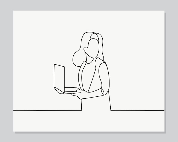 Women working on laptop continuous one line illustration